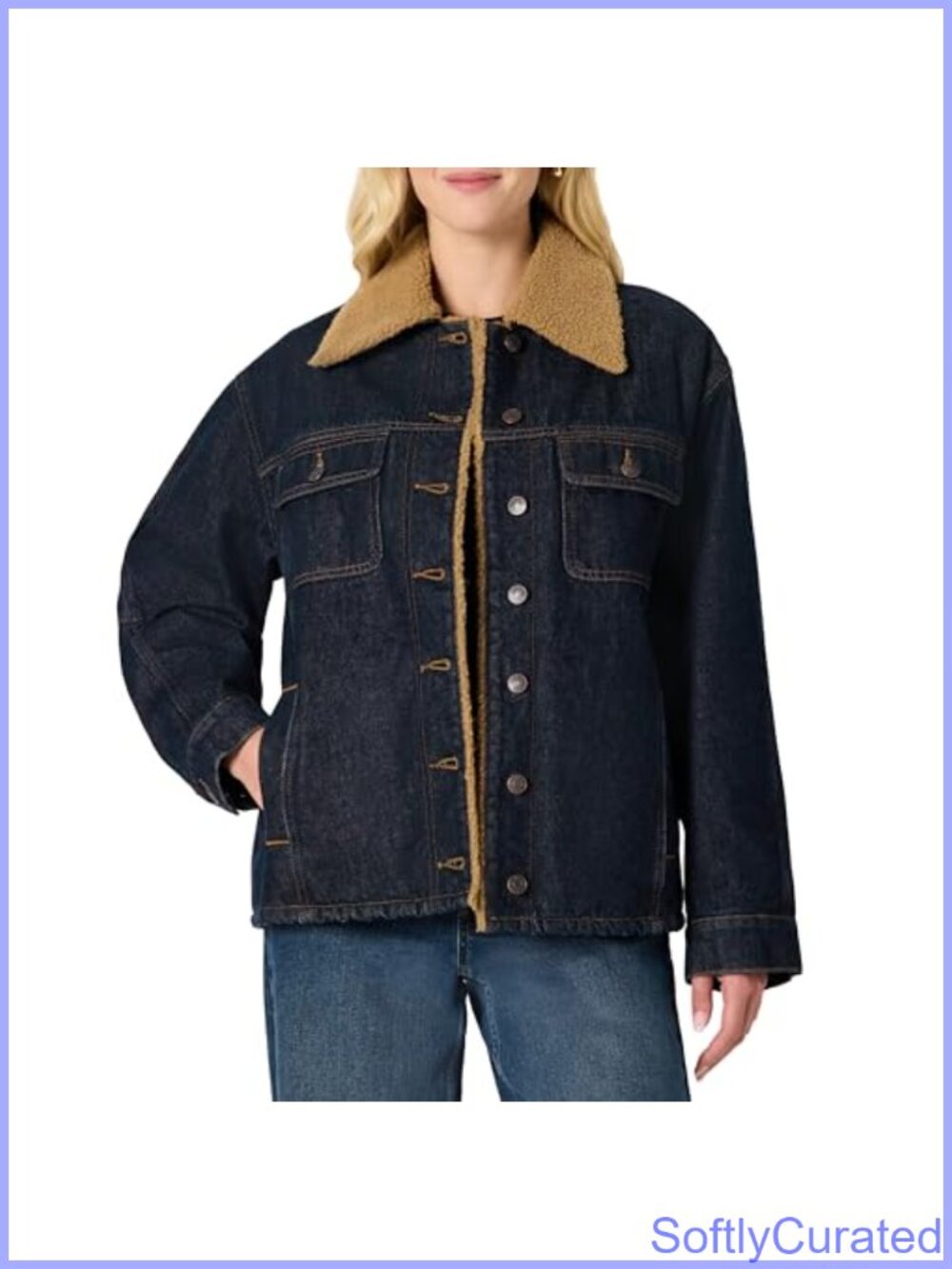 Oversized Fit Denim Jacket Faux Shearling Collar Lined Heavyweight